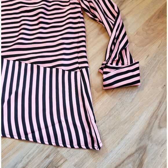 🔺️H&M Pink & Black Striped Asymmetric Hemline Rayon Blouse Size 2 - Picture 8 of 13